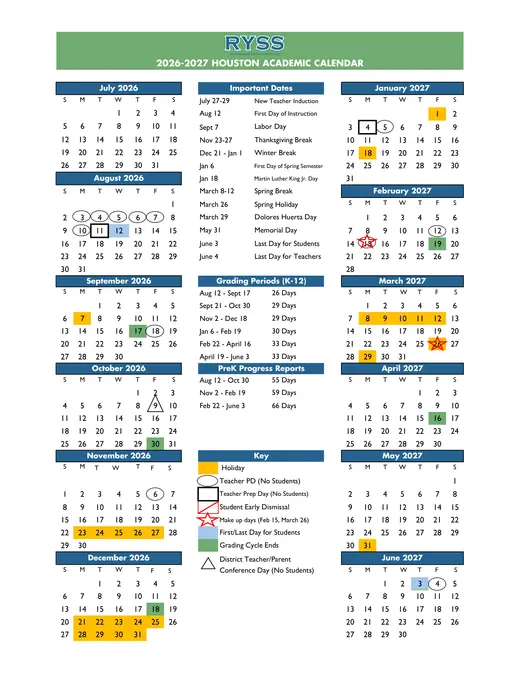 Raul Yzaguirre Schools for Success (RYSS) 2026–2027 Academic Calendar