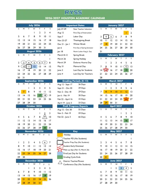 Raul Yzaguirre Schools for Success 2026–2027 Academic Calendar Page 1