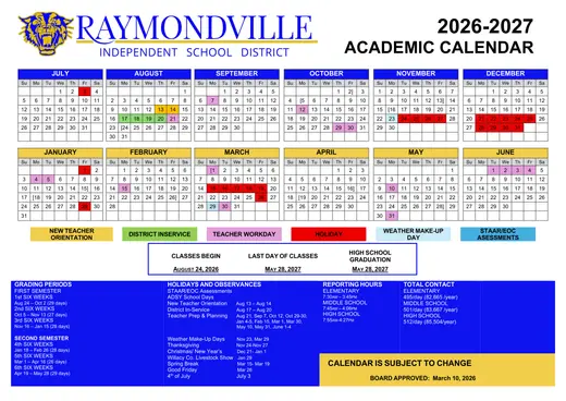 Raymondville Independent School District 2026–2027 Academic Calendar
