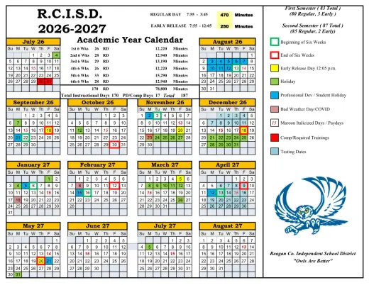Reagan County ISD 2026–2027 Academic Calendar Page 1