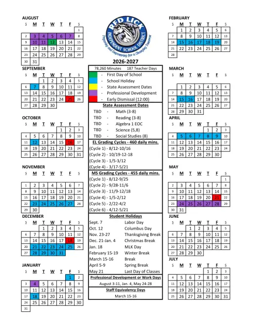 Red Lick ISD 2026–2027 Academic Calendar Page 1