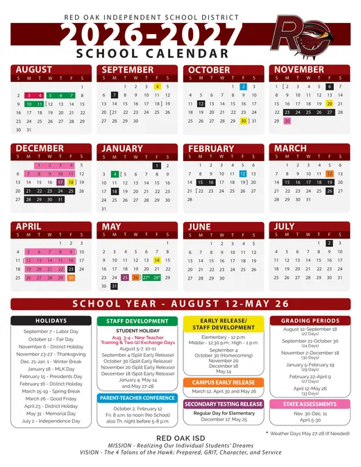 Red Oak ISD 2026–2027 Academic Calendar Page 1