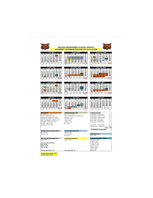 Refugio ISD 2026–2027 Academic Calendar Page 1