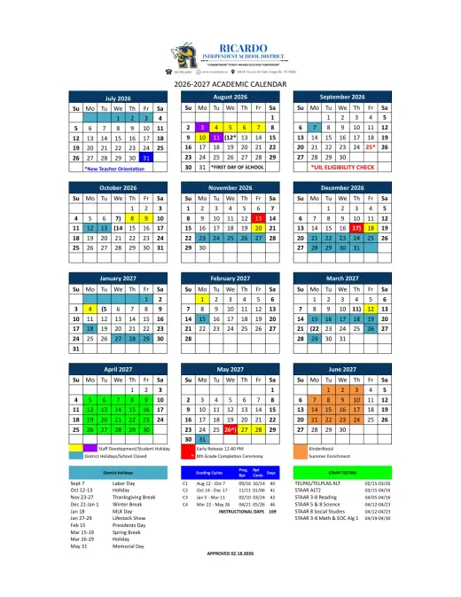 Ricardo ISD 2026–2027 Academic Calendar Page 1