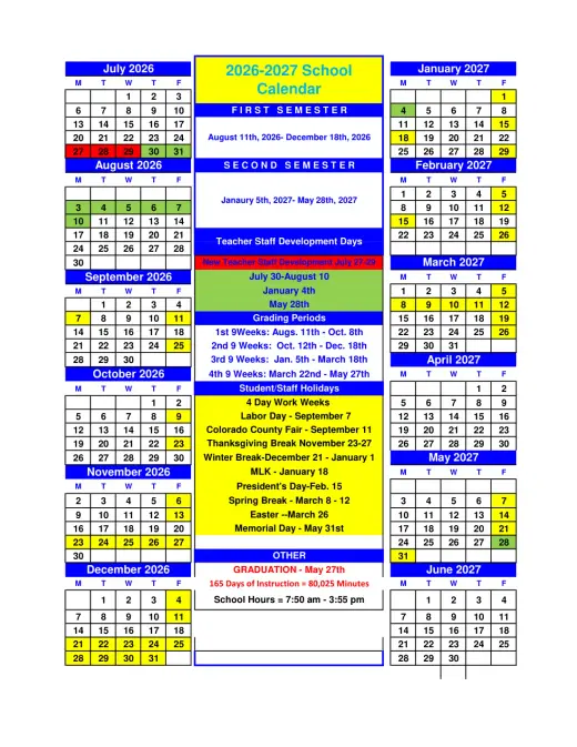 Rice CISD 2026–2027 Academic Calendar Page 1