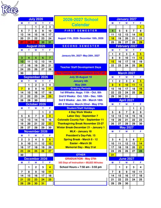 Rice ISD 2026–2027 Academic Calendar