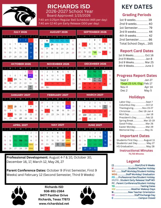 Richards ISD 2026–2027 Academic Calendar Page 1
