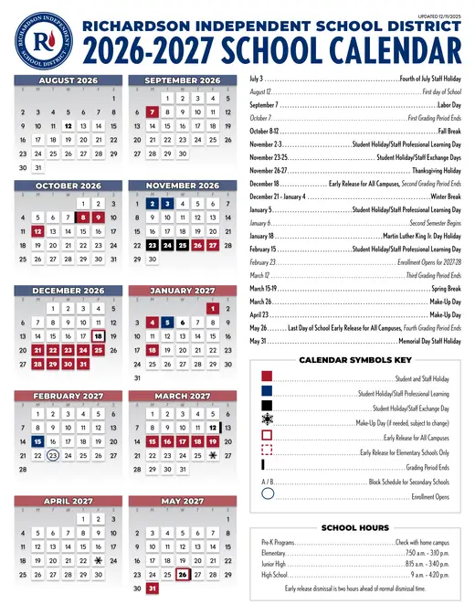Richardson Independent School District 2026–2027 Academic Calendar