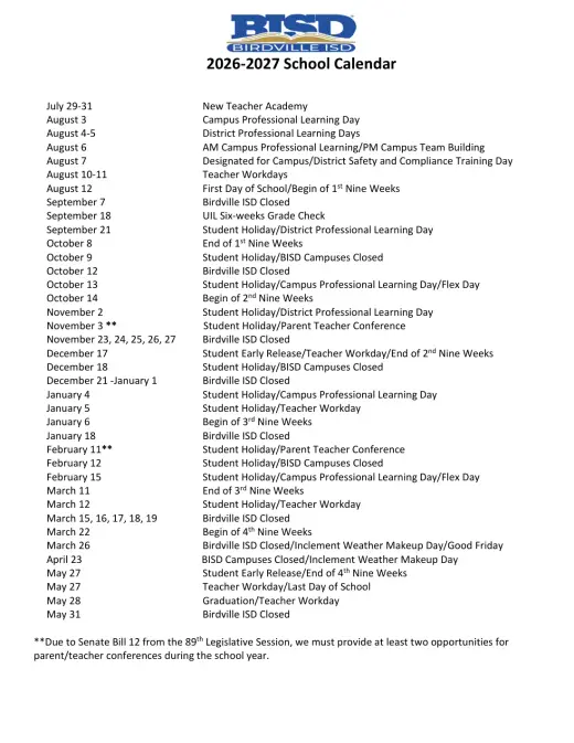 Richland Collegiate High School 2026–2027 Academic Calendar Page 1