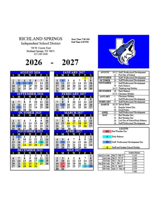 Richland Springs ISD 2026–2027 Academic Calendar Page 1