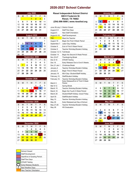 Riesel ISD 2026–2027 Academic Calendar Page 2