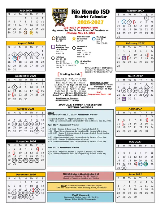 Rio Hondo ISD 2026–2027 Academic Calendar Page 1