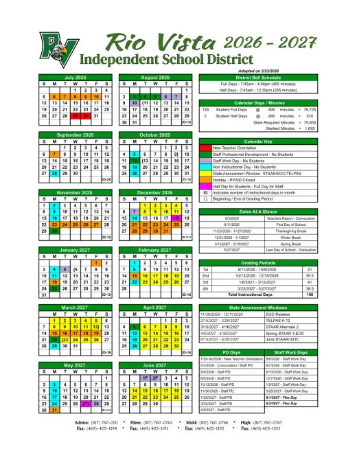 Rio Vista ISD 2026–2027 Academic Calendar Page 1
