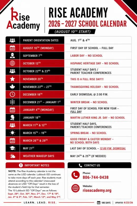 Rise Academy 2026–2027 Academic Calendar Page 1