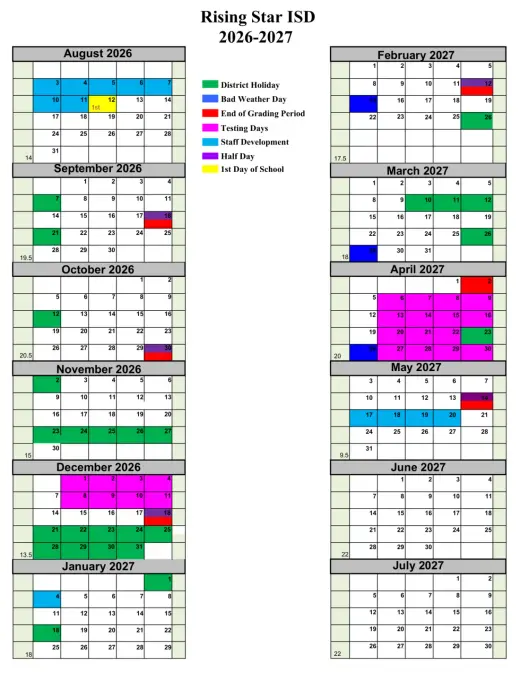 Rising Star ISD 2026–2027 Academic Calendar Page 1