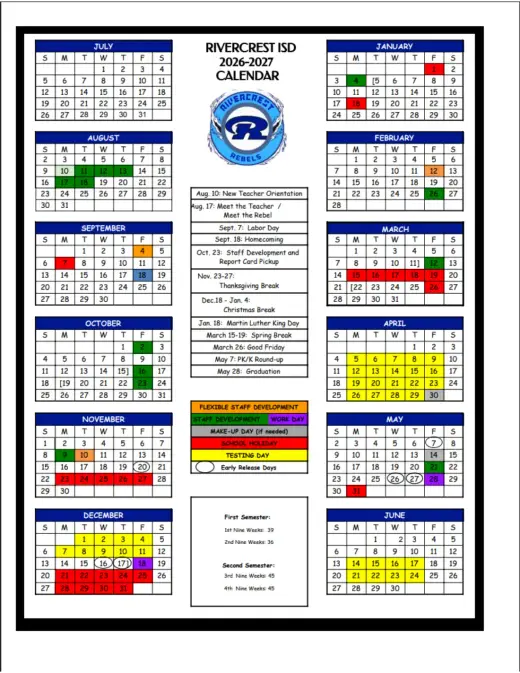 Rivercrest ISD 2026–2027 Academic Calendar Page 1