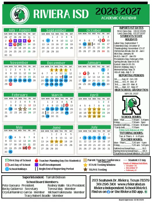 Riviera ISD 2026–2027 Academic Calendar Page 1