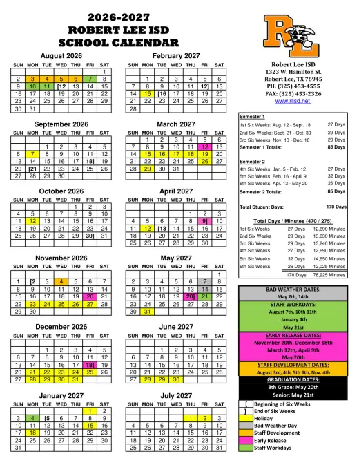 Robert Lee ISD 2026–2027 Academic Calendar Page 2