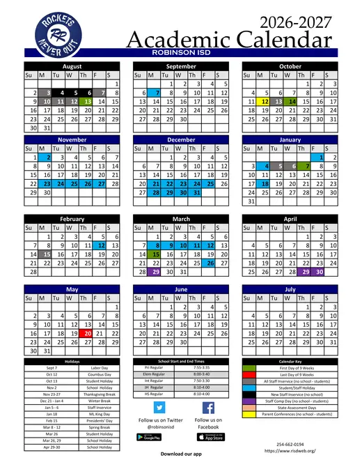 Robinson ISD 2026–2027 Academic Calendar