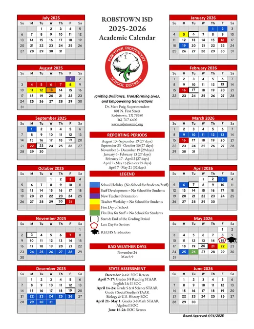 Robstown Independent School District 2025–2026 Academic Calendar Page 1
