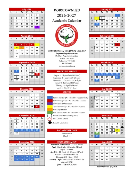 Robstown Independent School District 2025–2026 Academic Calendar Page 2