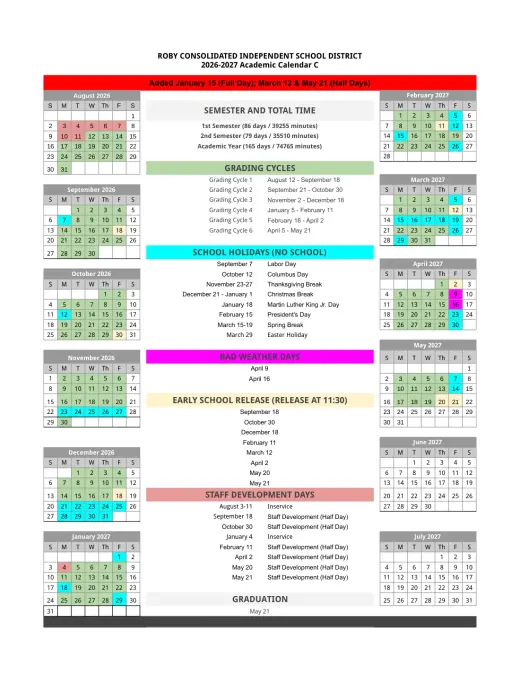 Roby CISD 2026–2027 Academic Calendar Page 1