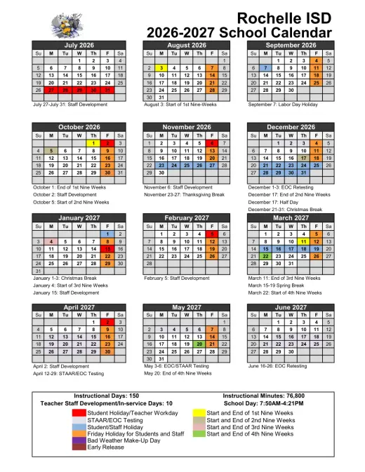 Rochelle ISD 2026–2027 Academic Calendar Page 1