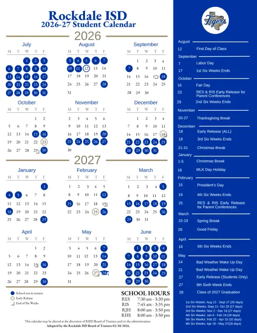 Rockdale ISD 2026–2027 Academic Calendar Page 2