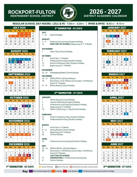 Rockport-Fulton Independent School District 2026–2027 Academic Calendar