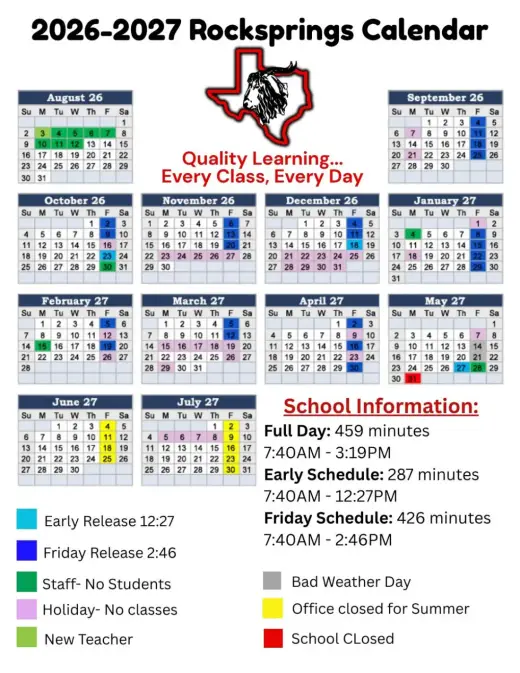 Rocksprings ISD 2026–2027 Academic Calendar Page 1