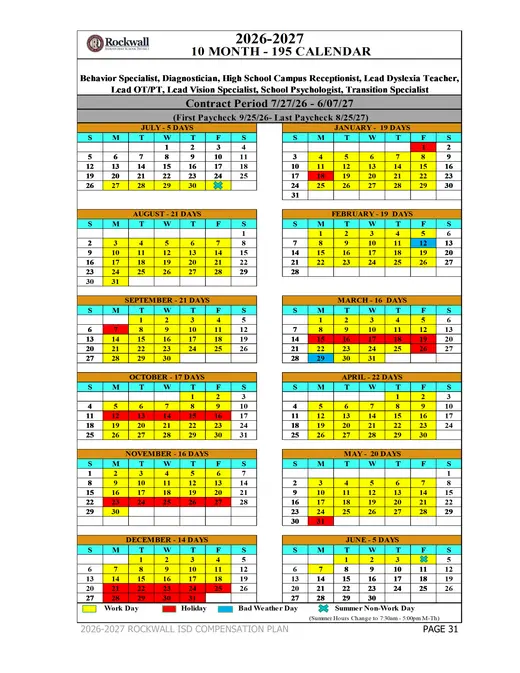 Rockwall Independent School District 2026–2027 Academic Calendar Page 4