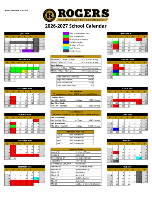 Rogers ISD 2026–2027 Academic Calendar Page 1