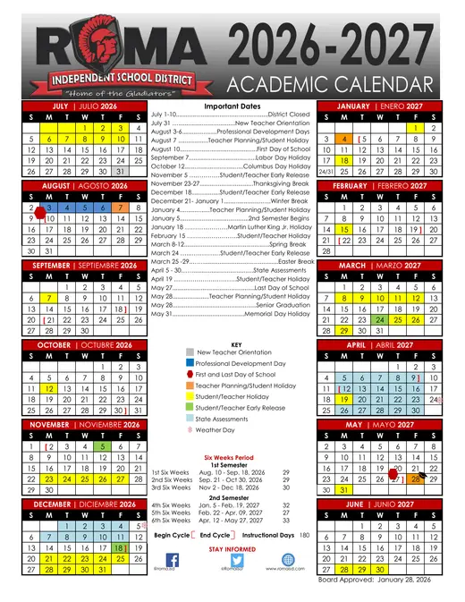 Roma Independent School District 2026–2027 Academic Calendar Page 1