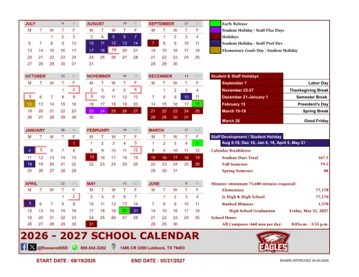 Roosevelt ISD 2026–2027 Academic Calendar Page 2