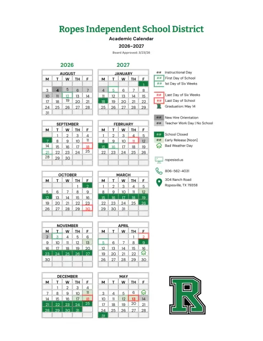Ropes ISD 2026–2027 Academic Calendar Page 1
