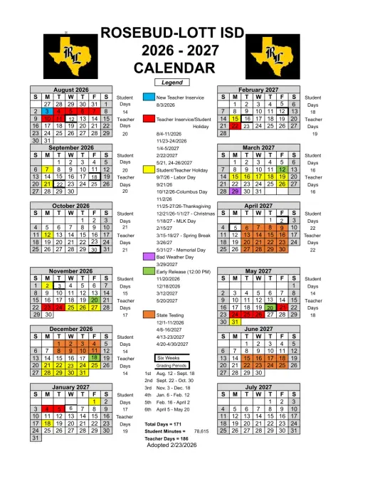 Rosebud-Lott ISD 2026–2027 Academic Calendar Page 1