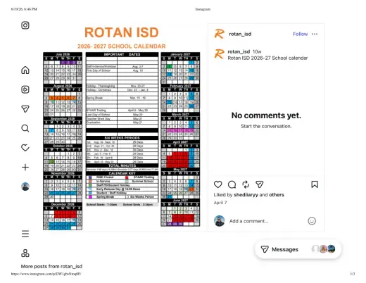 Rotan ISD 2026–2027 Academic Calendar Page 1