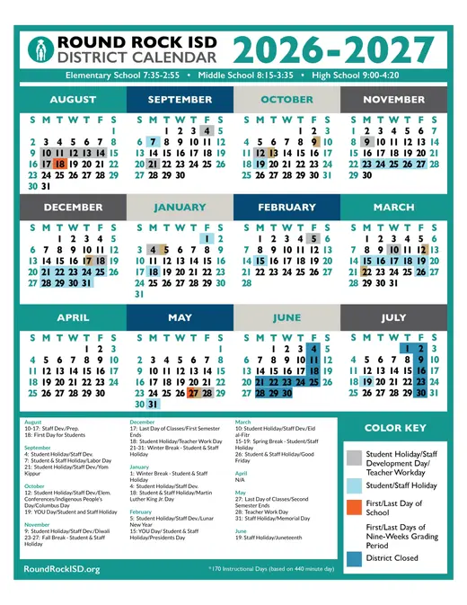 Round Rock Independent School District 2026–2027 Academic Calendar Page 1