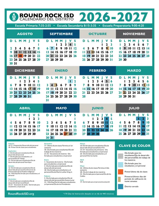 Round Rock Independent School District 2026–2027 Academic Calendar Page 2