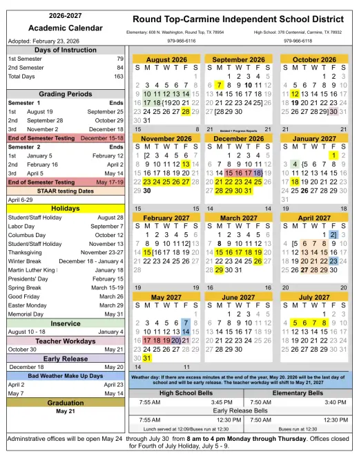 Round Top-Carmine ISD 2026–2027 Academic Calendar Page 1