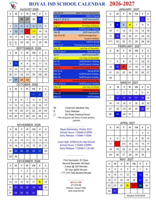 Royal ISD 2026–2027 Academic Calendar Page 1