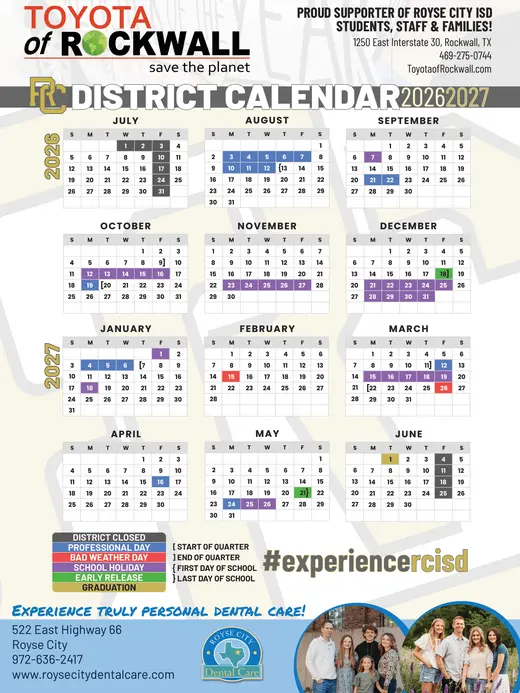 Royse City ISD 2026–2027 Academic Calendar Page 1