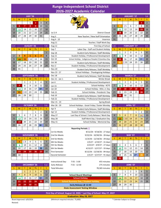 Runge ISD 2026–2027 Academic Calendar Page 1