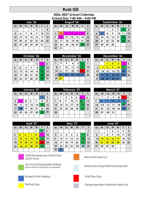 Rusk ISD 2026–2027 Academic Calendar Page 1