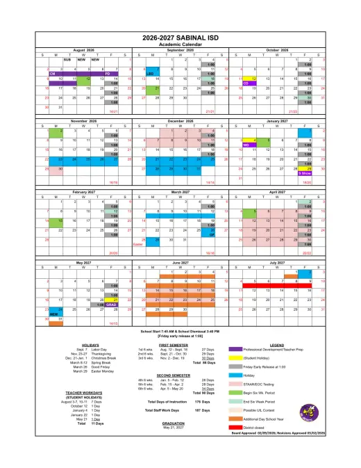 Sabinal ISD 2026–2027 Academic Calendar Page 1