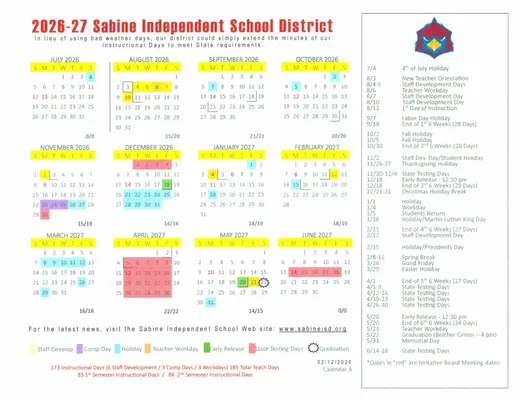 Sabine Independent School District 2026–2027 Academic Calendar