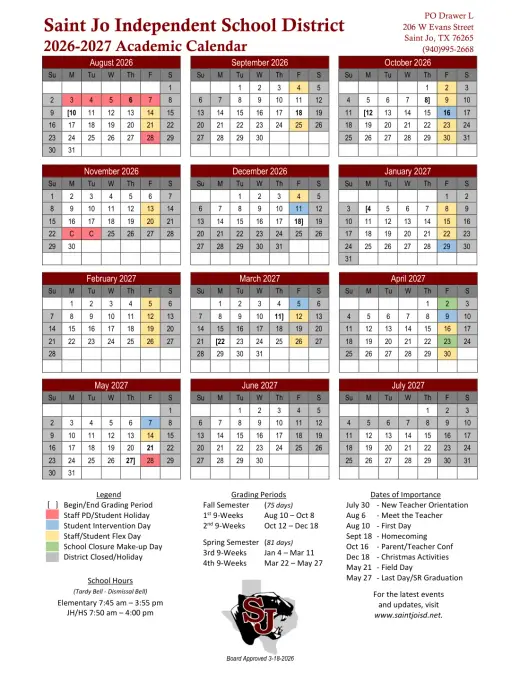 Saint Jo ISD 2026–2027 Academic Calendar Page 1