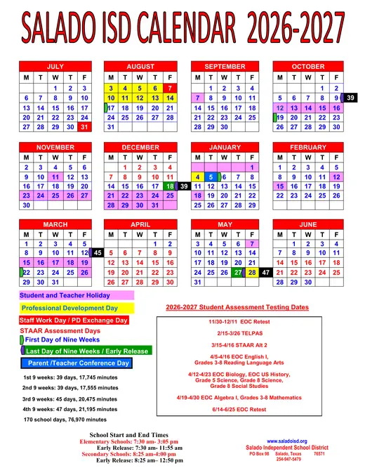 Salado Independent School District 2026–2027 Academic Calendar