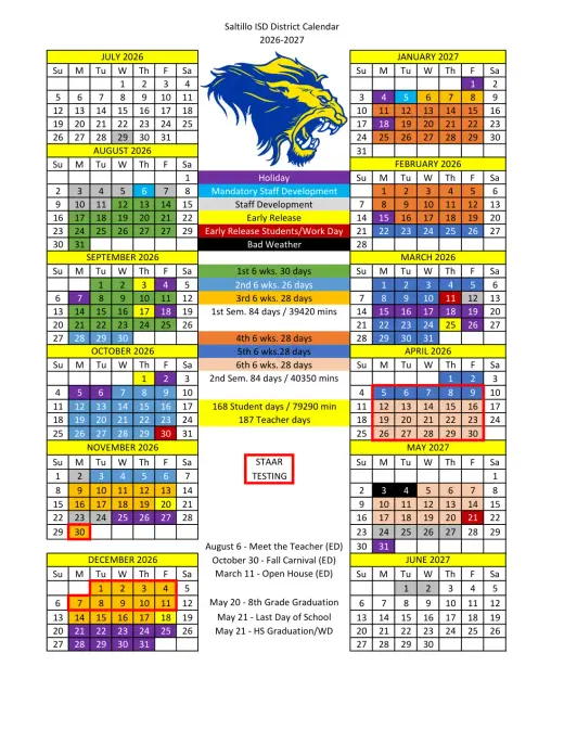 Saltillo ISD 2026–2027 Academic Calendar Page 1