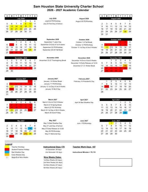 Sam Houston State University Charter School 2026–2027 Academic Calendar Page 1